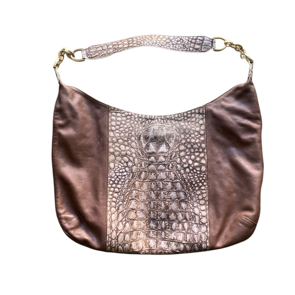 Brown Genuine Leather Crocodile Embossed Chain Strap Detail Shoulder Bag